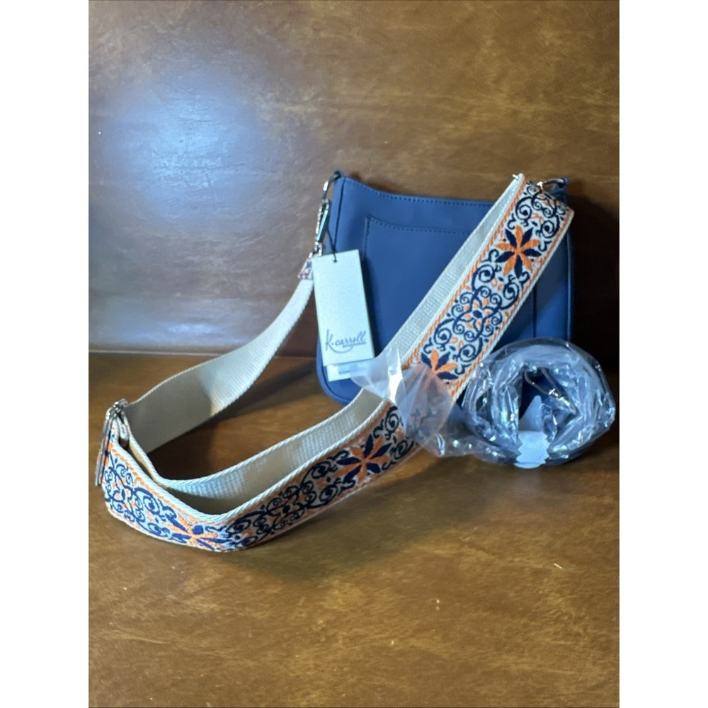 K Carroll Purse Crossbody Navy Leather/ Nylon guitar Strap NWT